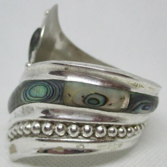 Wide ABALONE MEXICAN SILVER Clamper Mexican Cuff Bracelet Marked Alpaca Mexico - Picture 5 of 11